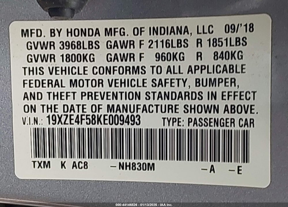 2019 HONDA INSIGHT EX VIN: 19XZE4F58KE009493