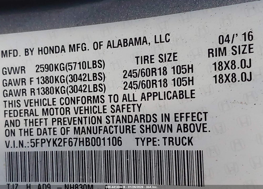 2017 HONDA RIDGELINE RTL-T VIN: 5FPYK2F67HB001106