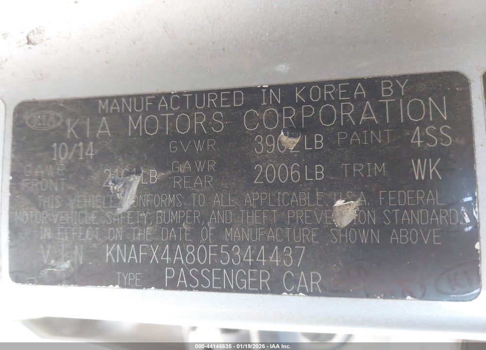 2015 KIA FORTE EX VIN: KNAFX4A80F5344437