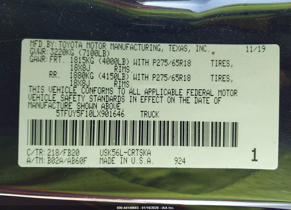 2020 TOYOTA TUNDRA 4WD SR5 VIN: 5TFUY5F10LX901646