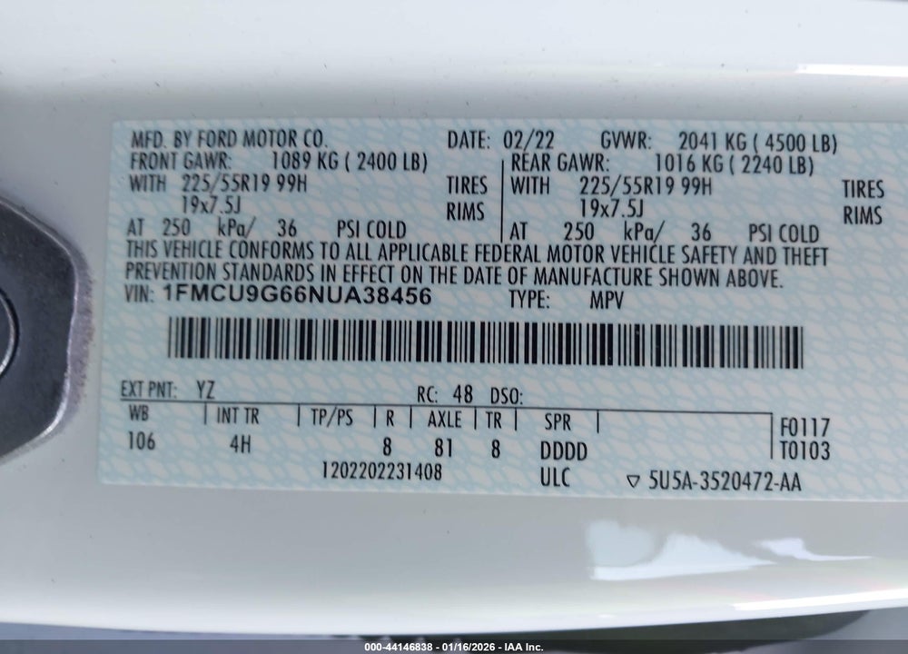 2022 FORD ESCAPE SE VIN: 1FMCU9G66NUA38456