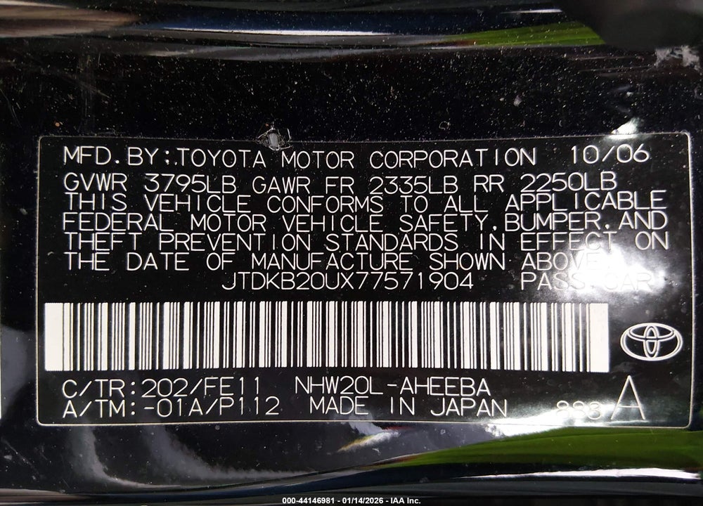 2007 TOYOTA PRIUS VIN: JTDKB20UX77571904