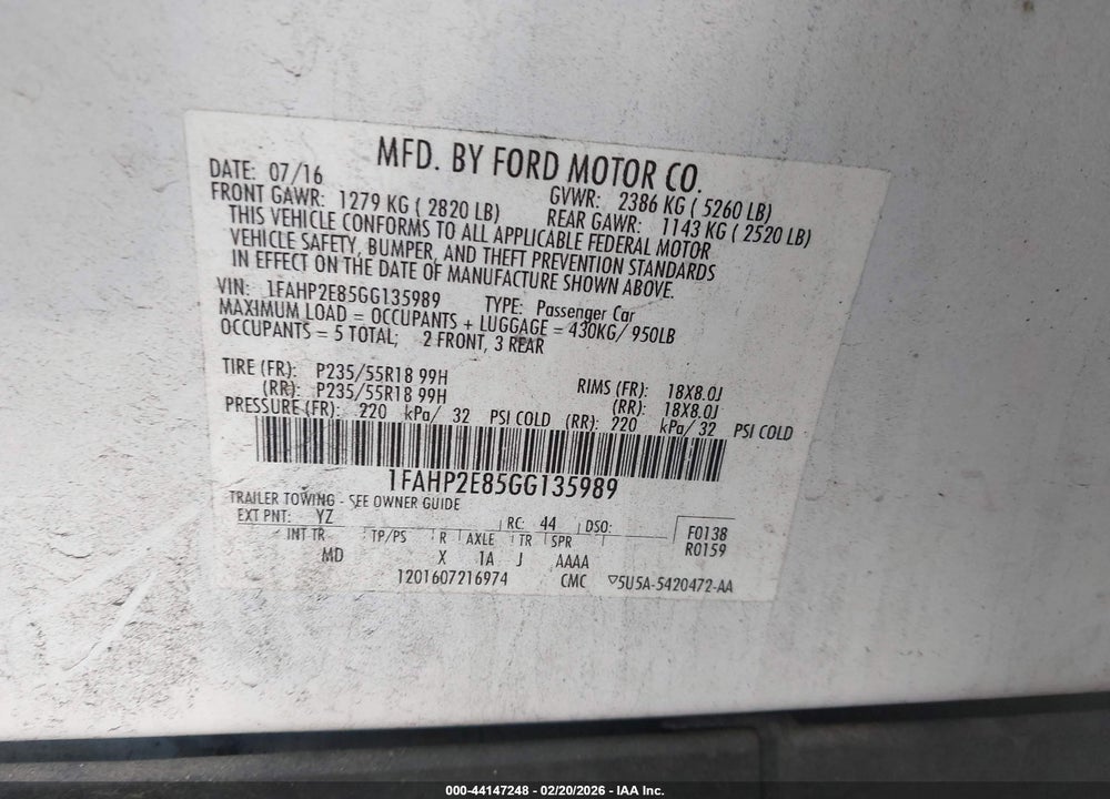 2016 FORD TAURUS SEL VIN: 1FAHP2E85GG135989