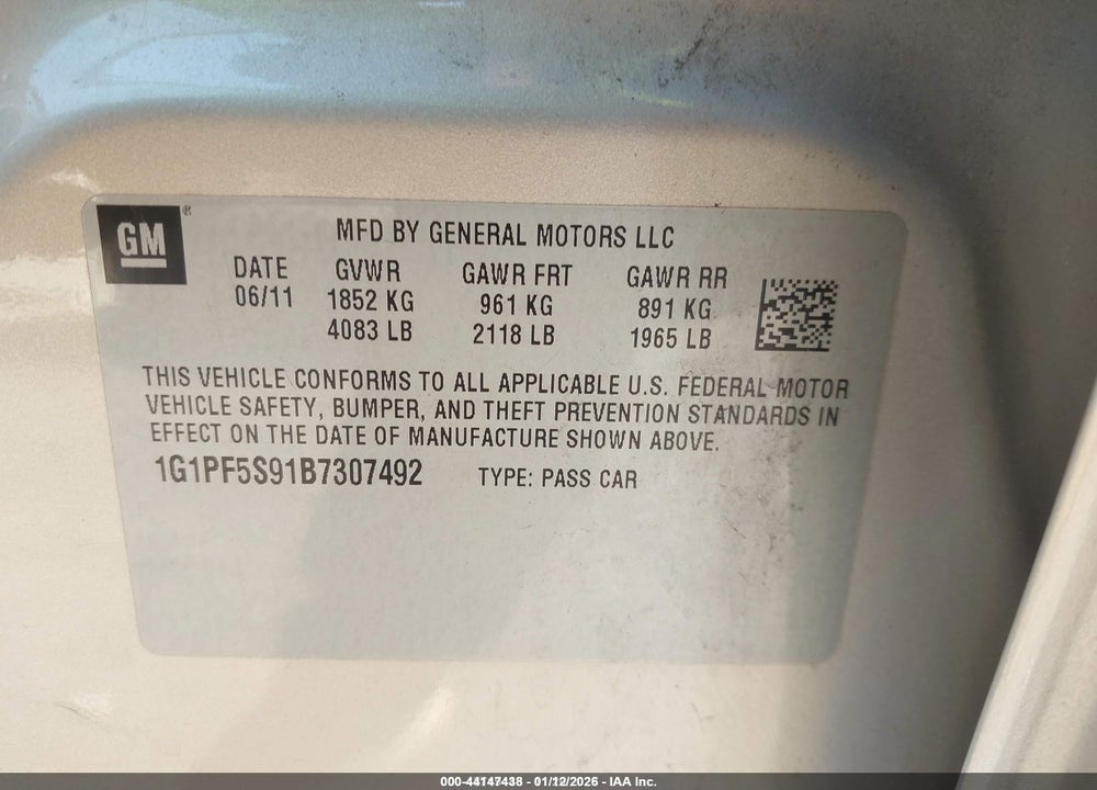2011 CHEVROLET CRUZE 1LT VIN: 1G1PF5S91B7307492