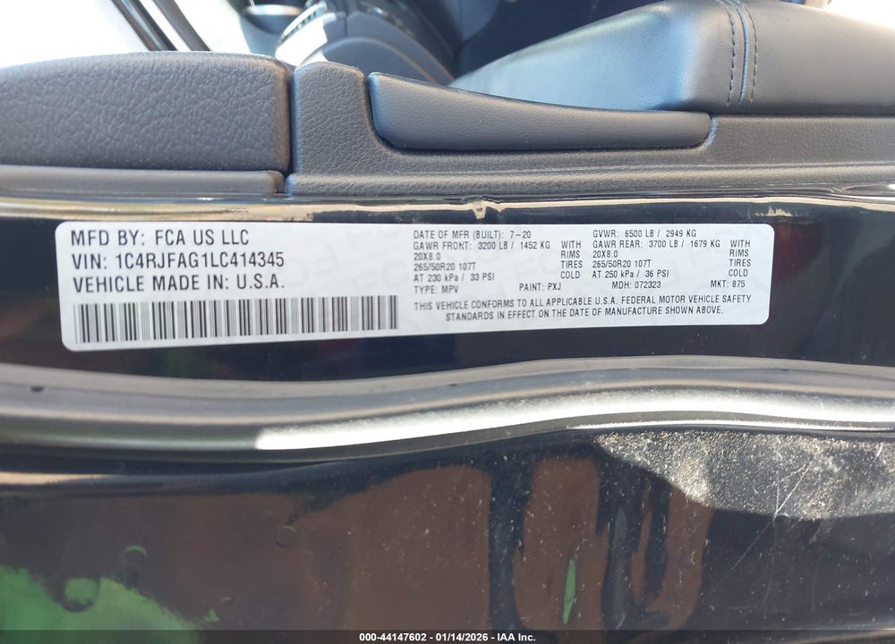 2020 JEEP GRAND CHEROKEE ALTITUDE 4X4 VIN: 1C4RJFAG1LC414345