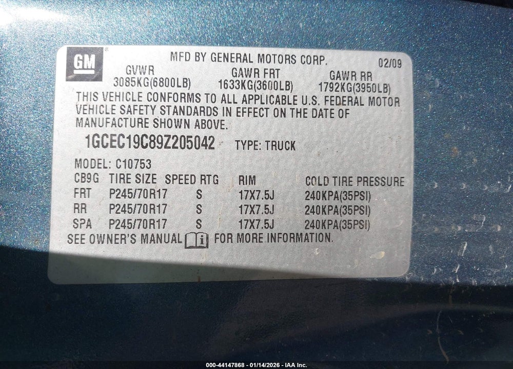 2009 CHEVROLET SILVERADO 1500 LS VIN: 1GCEC19C89Z205042