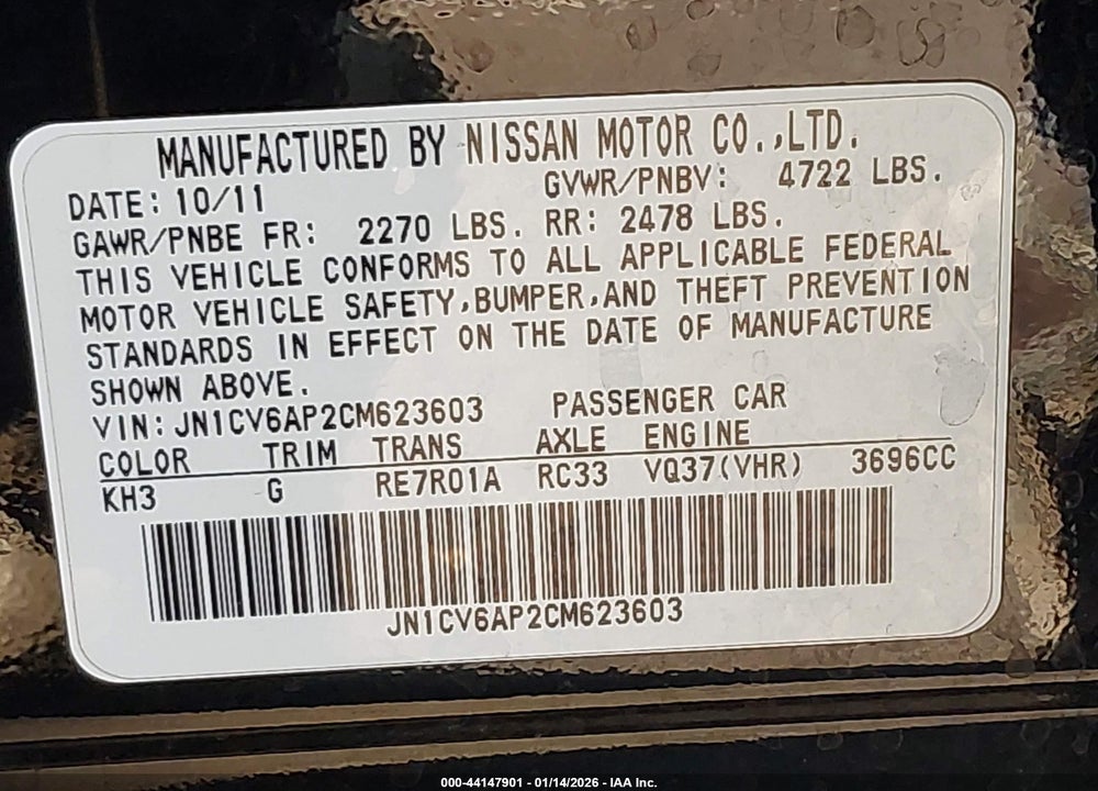 2012 INFINITI G37 JOURNEY VIN: JN1CV6AP2CM623603