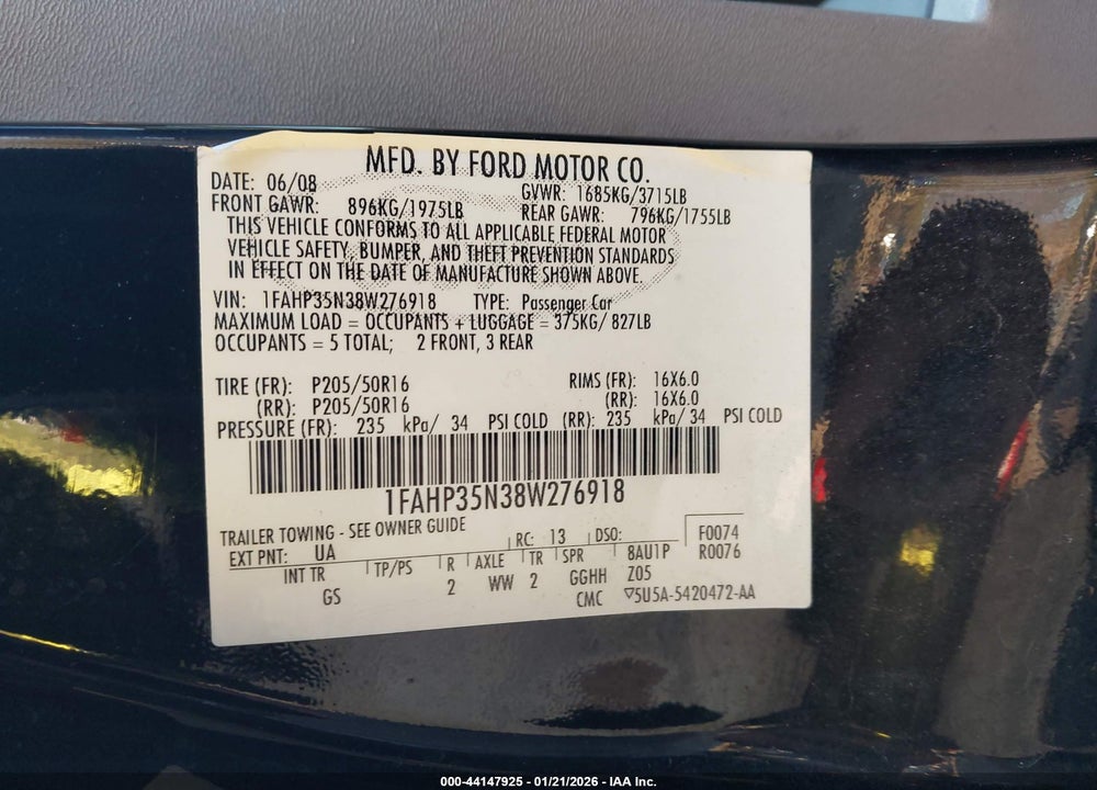 2008 FORD FOCUS SE/SES VIN: 1FAHP35N38W276918