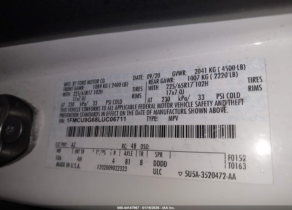 2020 FORD ESCAPE SE VIN: 1FMCU9G68LUC06711