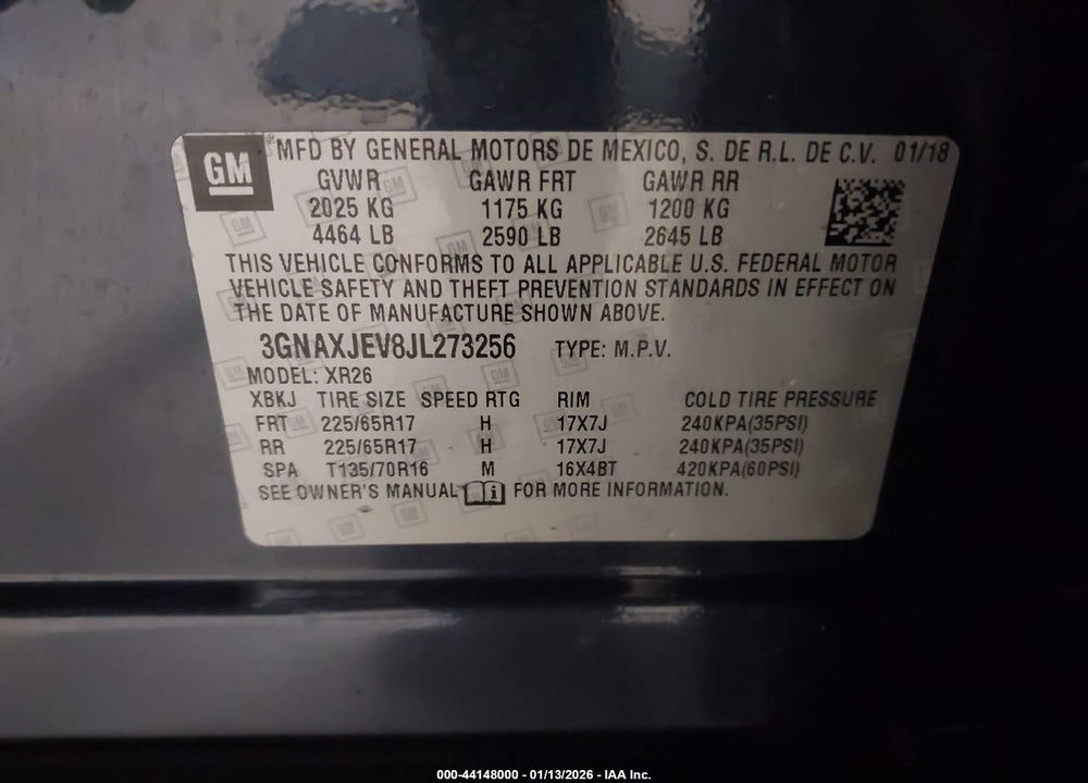 2018 CHEVROLET EQUINOX LT VIN: 3GNAXJEV8JL273256