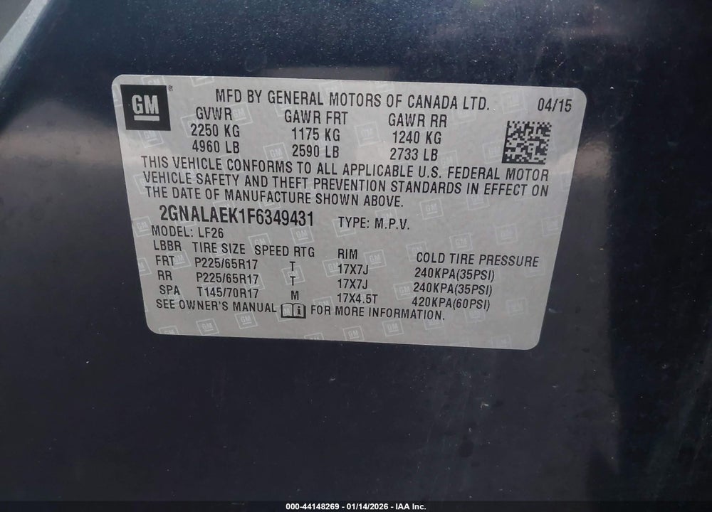 2015 CHEVROLET EQUINOX LS VIN: 2GNALAEK1F6349431