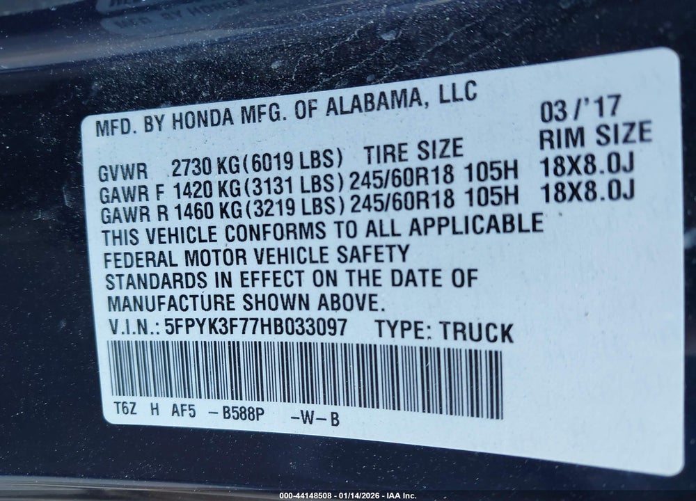 2017 HONDA RIDGELINE RTL-E VIN: 5FPYK3F77HB033097