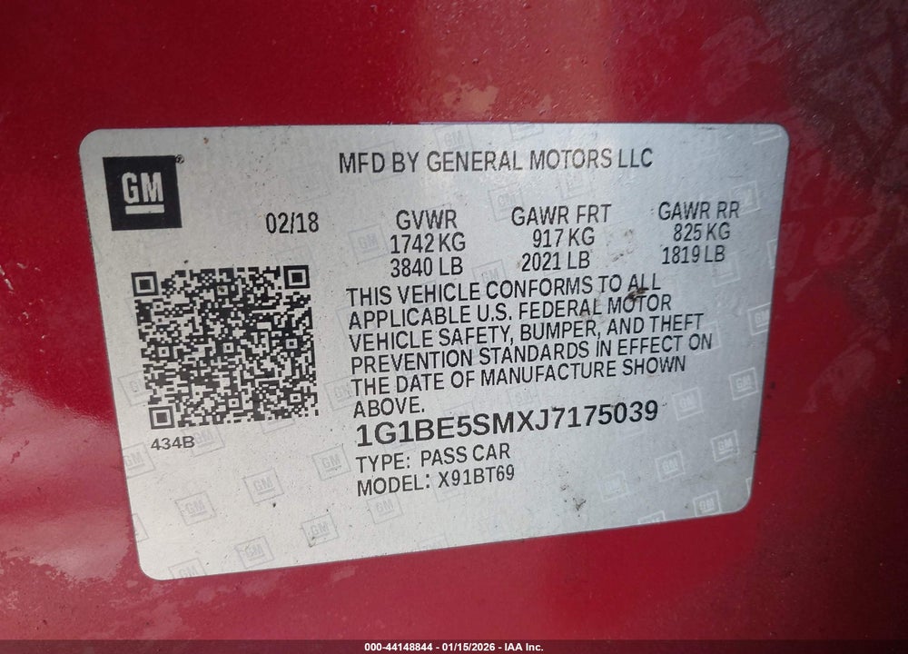2018 CHEVROLET CRUZE LT AUTO VIN: 1G1BE5SMXJ7175039