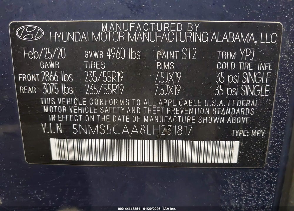 2020 HYUNDAI SANTA FE LIMITED 2.0T VIN: 5NMS5CAA8LH231817