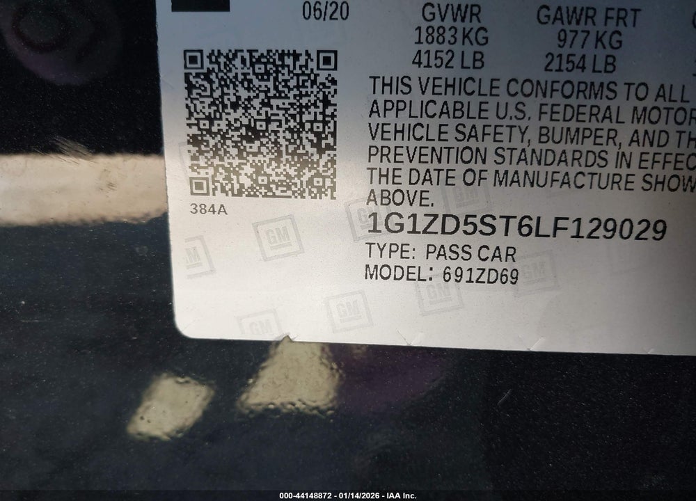 2020 CHEVROLET MALIBU FWD LT VIN: 1G1ZD5ST6LF129029