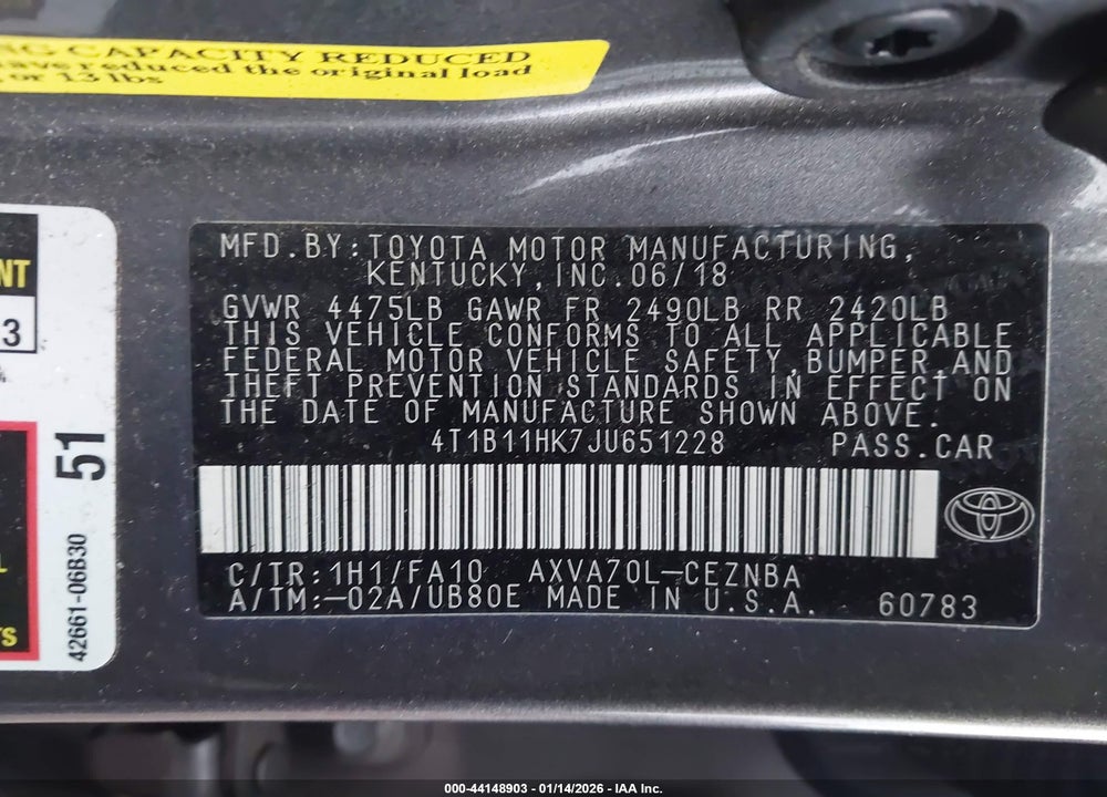 2018 TOYOTA CAMRY LE VIN: 4T1B11HK7JU651228