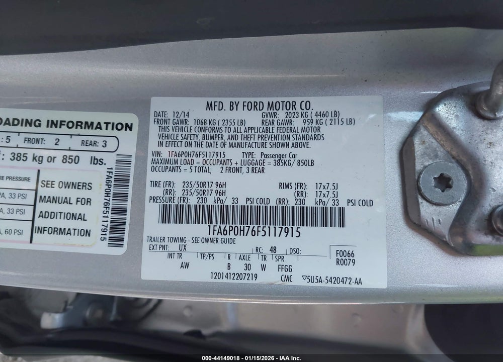 2015 FORD FUSION SE VIN: 1FA6P0H76F5117915