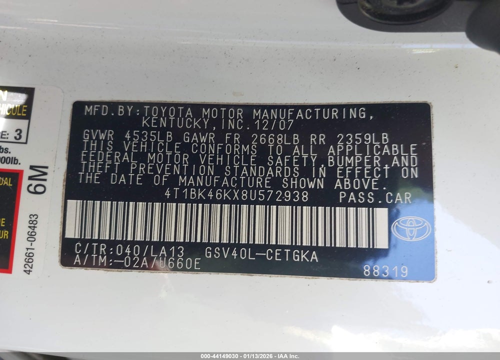 2008 TOYOTA CAMRY XLE V6 VIN: 4T1BK46KX8U572938