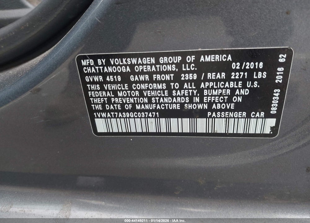 2016 VOLKSWAGEN PASSAT 1.8T S VIN: 1VWAT7A39GC037471