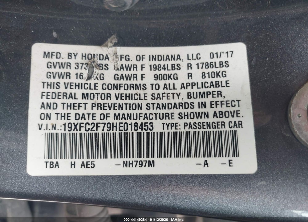 2017 HONDA CIVIC EX VIN: 19XFC2F79HE018453