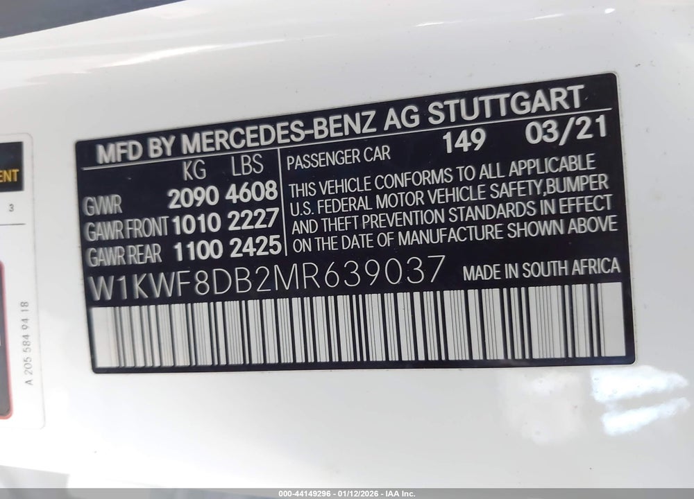 2021 MERCEDES-BENZ C 300 SEDAN VIN: W1KWF8DB2MR639037