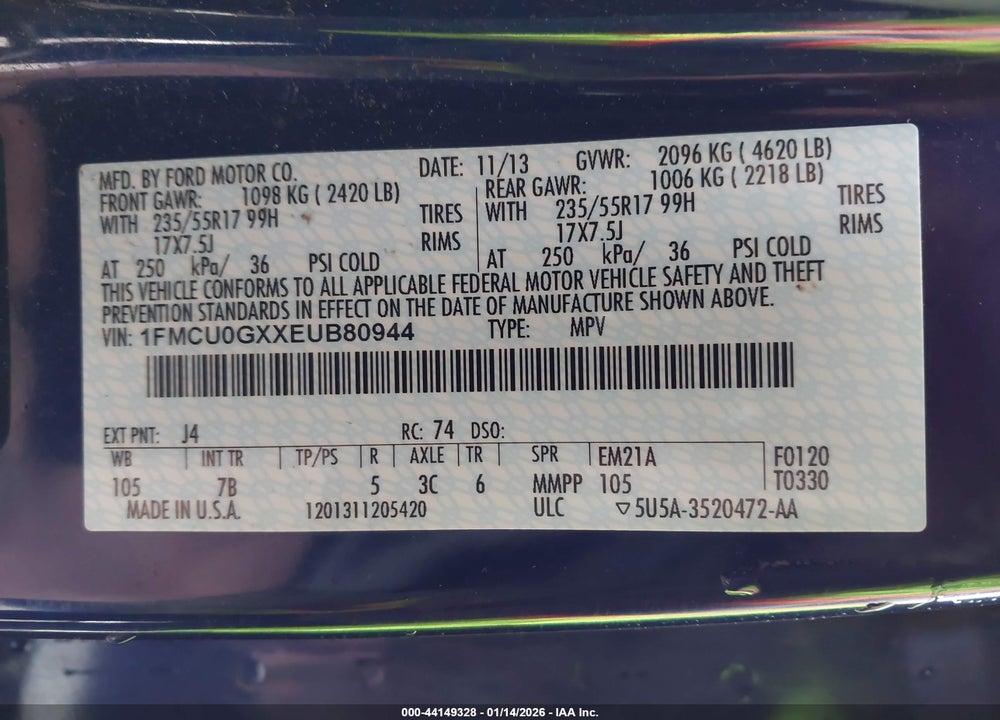 2014 FORD ESCAPE SE VIN: 1FMCU0GXXEUB80944