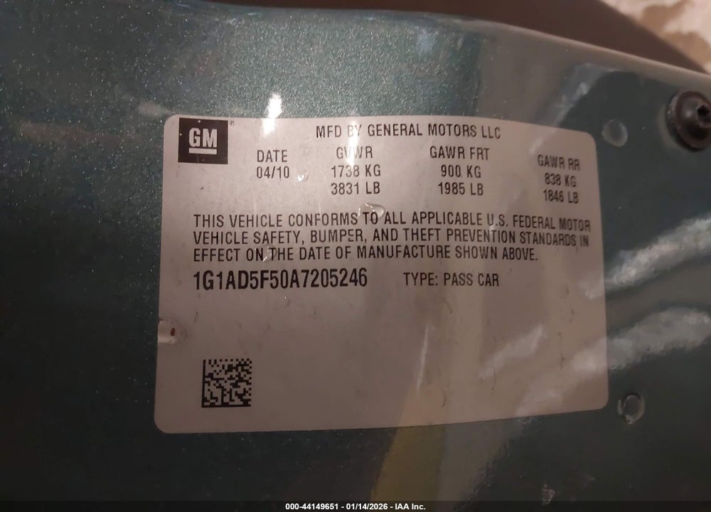 2010 CHEVROLET COBALT LT VIN: 1G1AD5F50A7205246