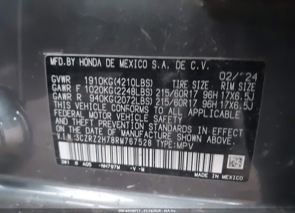 2024 HONDA HR-V AWD EX-L/AWD EX-L W/O BSI VIN: 3CZRZ2H78RM767528