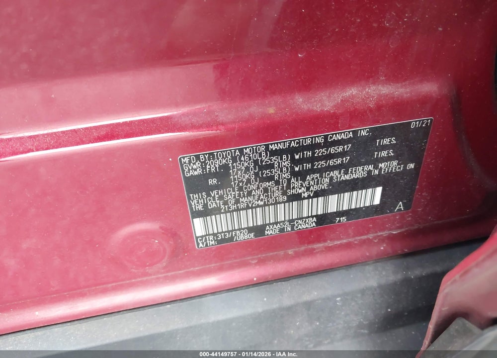 2021 TOYOTA RAV4 LE VIN: 2T3H1RFV2MW130189