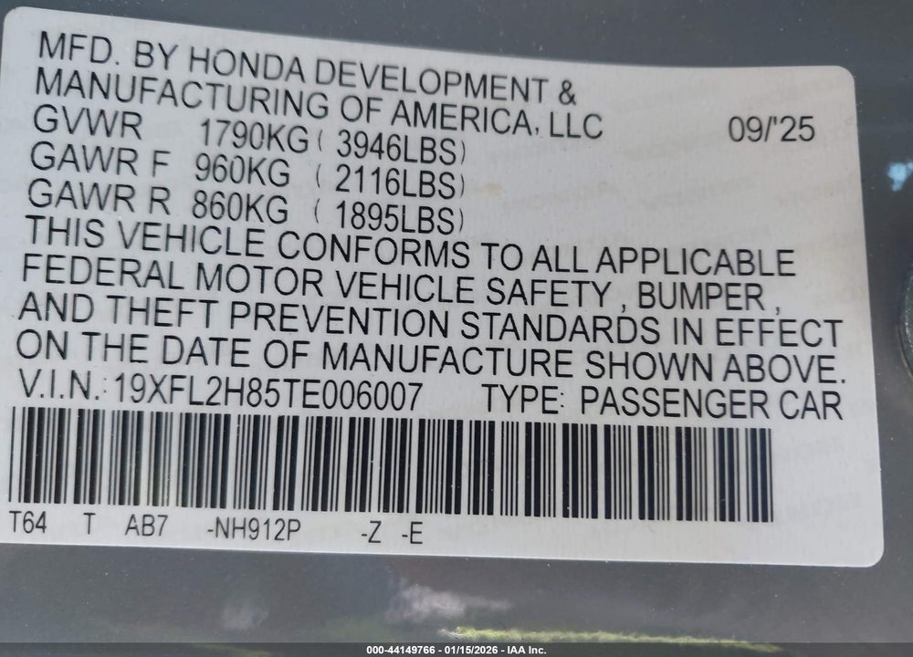 2026 HONDA CIVIC SPORT VIN: 19XFL2H85TE006007