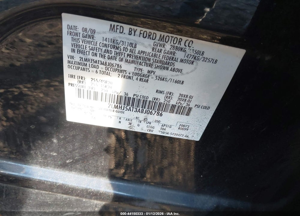 2010 LINCOLN MKT ECOBOOST VIN: 2LMHJ5AT3ABJ06786