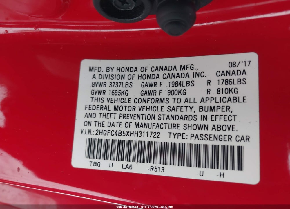 2017 HONDA CIVIC LX VIN: 2HGFC4B5XHH311722
