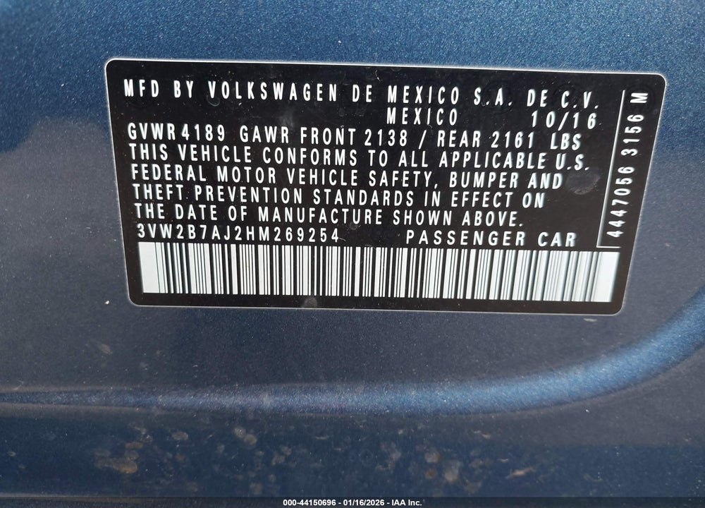 2017 VOLKSWAGEN JETTA 1.4T S VIN: 3VW2B7AJ2HM269254
