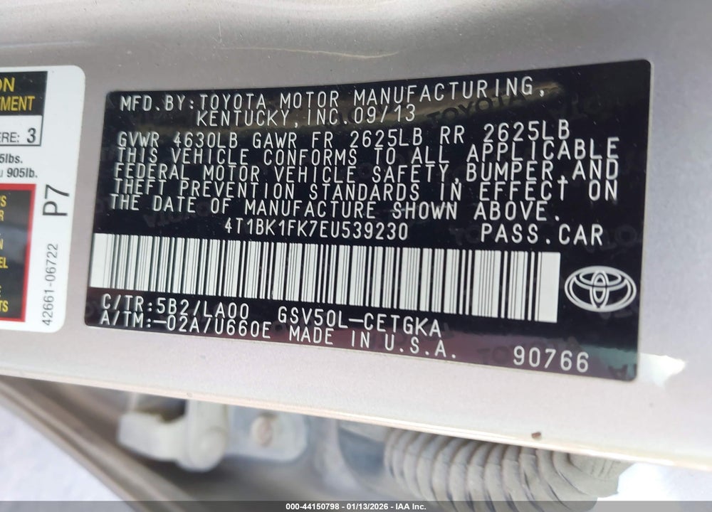 2014 TOYOTA CAMRY XLE V6 VIN: 4T1BK1FK7EU539230