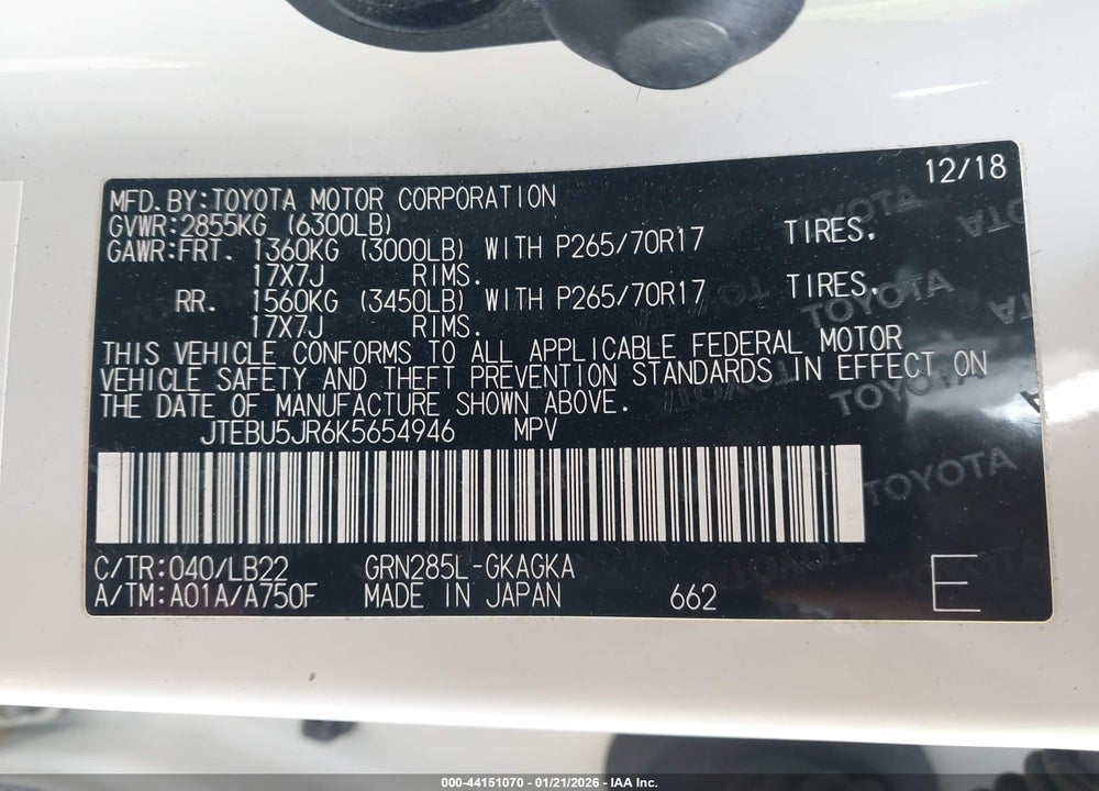 2019 TOYOTA 4RUNNER SR5 PREMIUM VIN: JTEBU5JR6K5654946