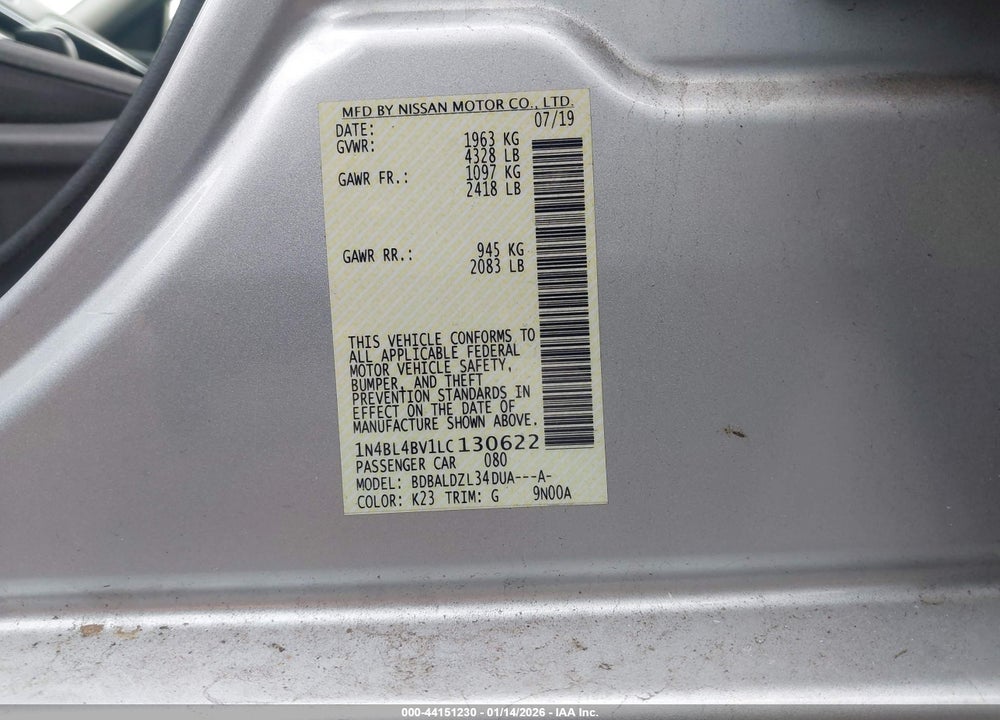 2020 NISSAN ALTIMA S FWD VIN: 1N4BL4BV1LC130622