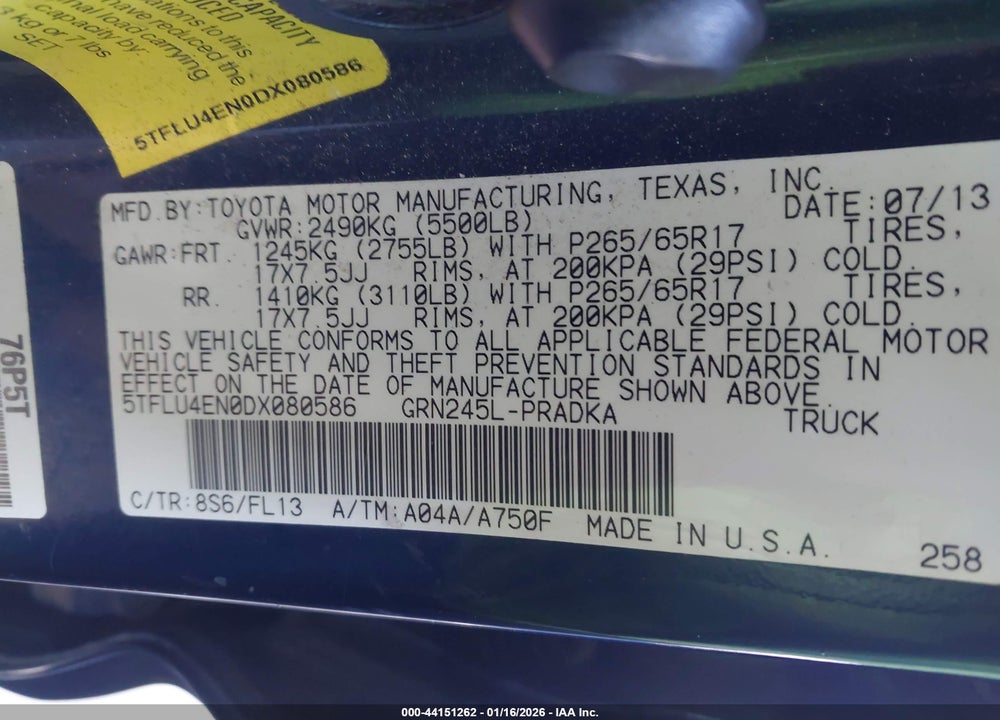 2013 TOYOTA TACOMA BASE V6 VIN: 5TFLU4EN0DX080586