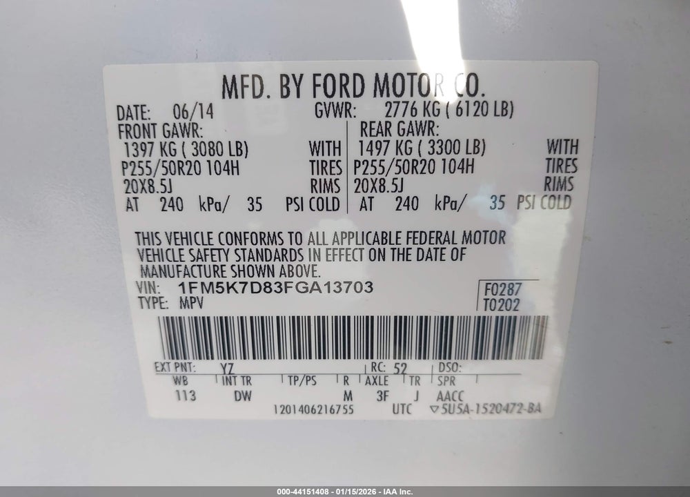 2015 FORD EXPLORER XLT VIN: 1FM5K7D83FGA13703