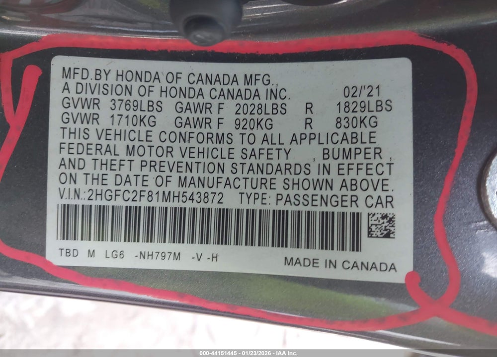 2021 HONDA CIVIC SPORT VIN: 2HGFC2F81MH543872