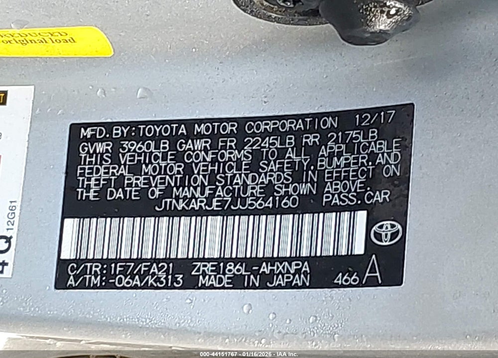 2018 TOYOTA COROLLA IM VIN: JTNKARJE7JJ564160
