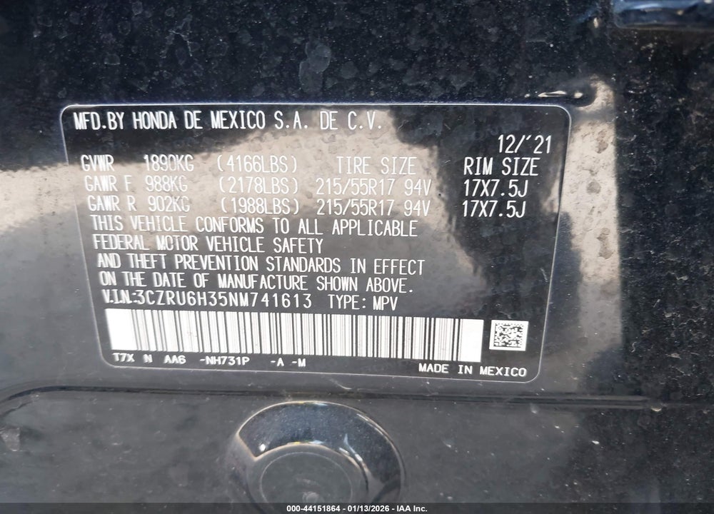 2022 HONDA HR-V AWD LX VIN: 3CZRU6H35NM741613
