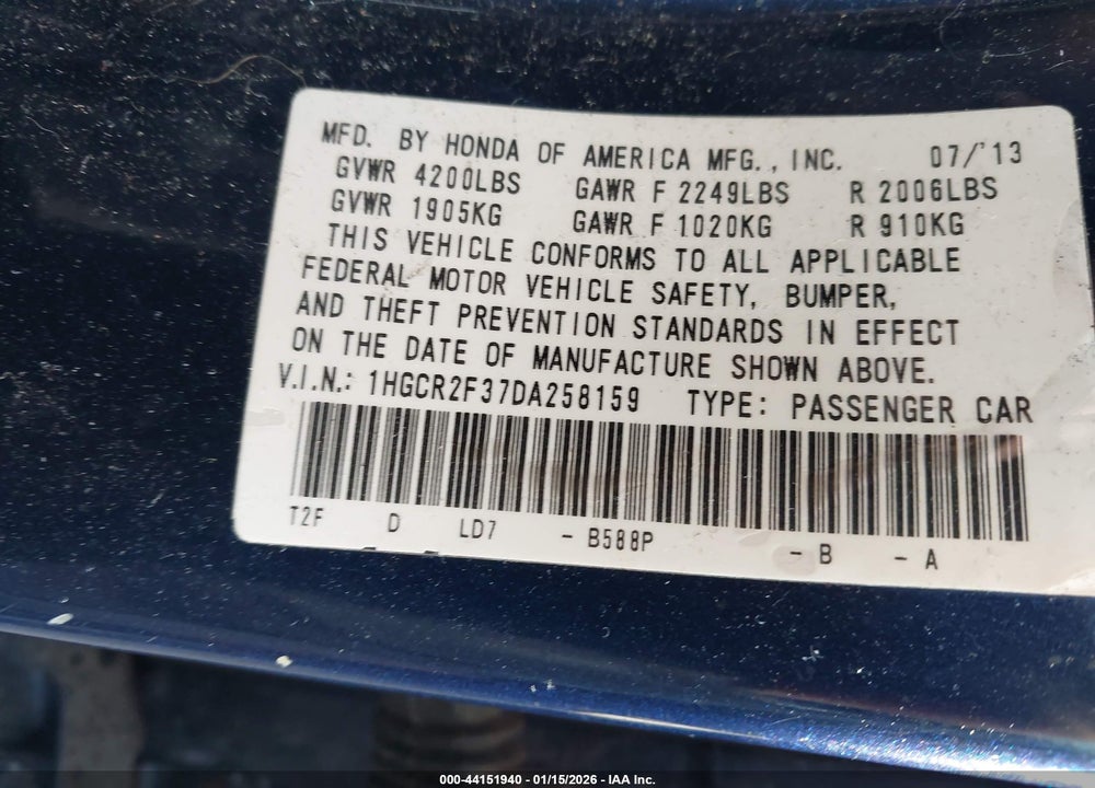 2013 HONDA ACCORD LX VIN: 1HGCR2F37DA258159