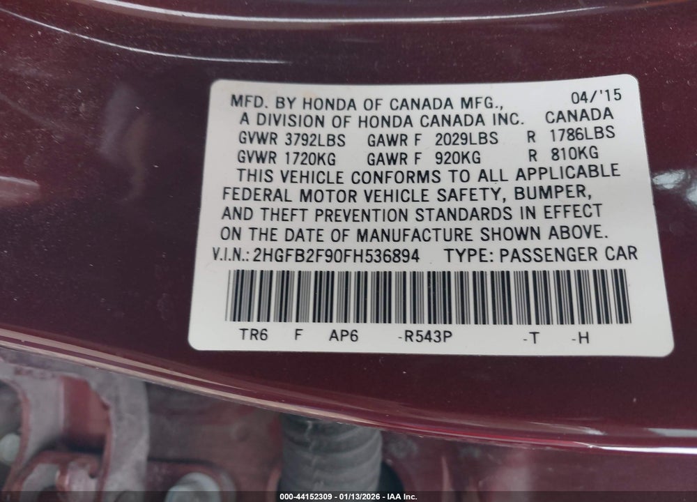2015 HONDA CIVIC EX-L VIN: 2HGFB2F90FH536894