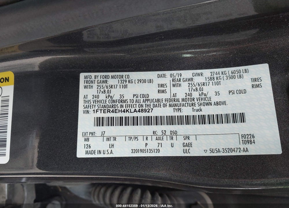 2019 FORD RANGER XLT VIN: 1FTER4EH4KLA48927