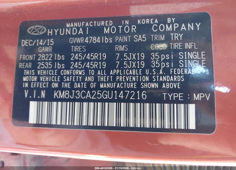 2016 HYUNDAI TUCSON LIMITED VIN: KM8J3CA25GU147216