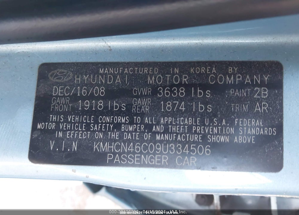 2009 HYUNDAI ACCENT GLS VIN: KMHCN46C09U334506