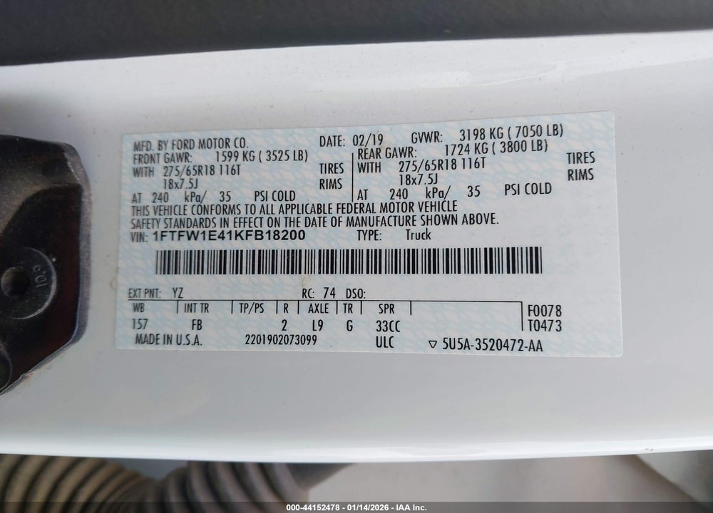 2019 FORD F-150 XLT VIN: 1FTFW1E41KFB18200