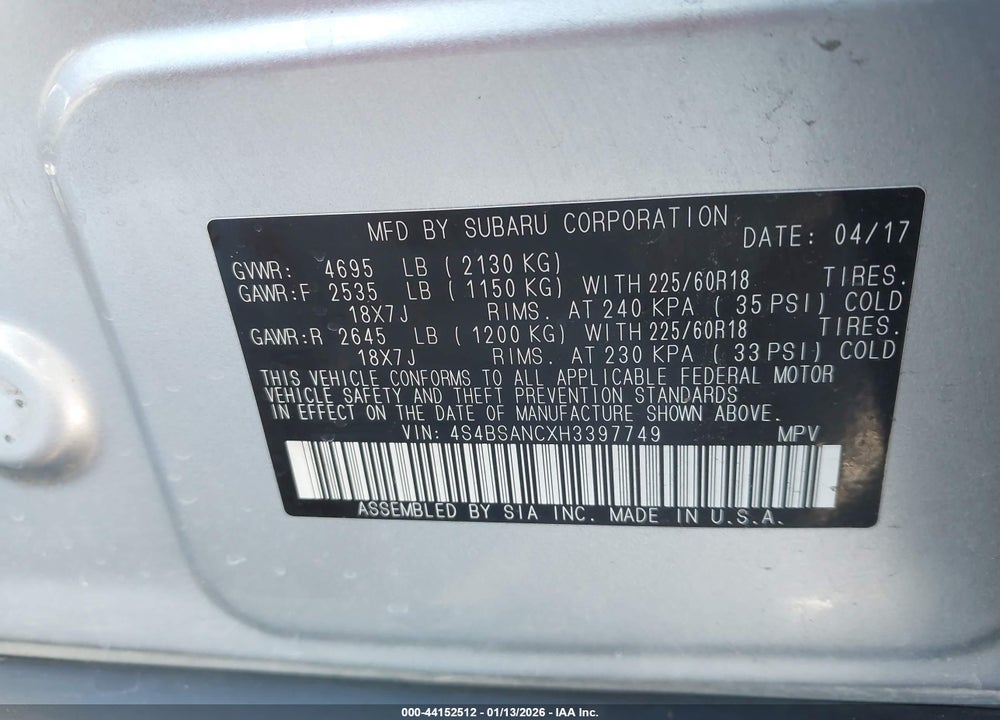 2017 SUBARU OUTBACK 2.5I LIMITED VIN: 4S4BSANCXH3397749