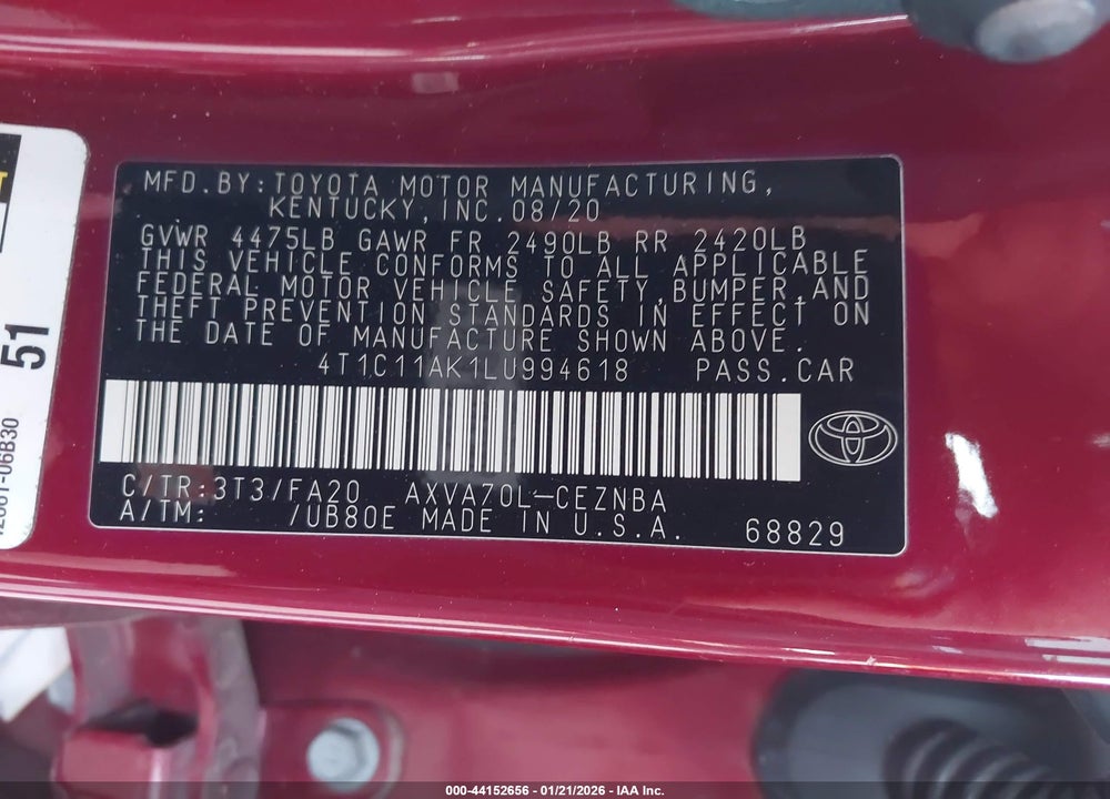 2020 TOYOTA CAMRY LE VIN: 4T1C11AK1LU994618