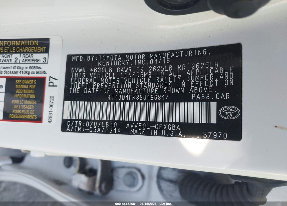 2016 TOYOTA CAMRY HYBRID XLE VIN: 4T1BD1FK8GU186817